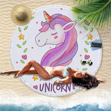 Load image into Gallery viewer, Hand-Painted Cartoon Unicorn Oversized Round Tassel Beach Towel Yoga Mat