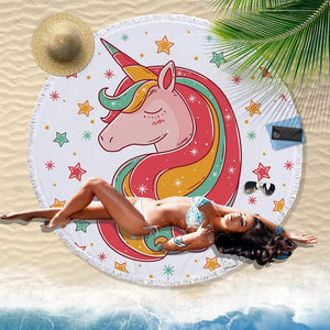 Hand-Painted Cartoon Unicorn Oversized Round Tassel Beach Towel Yoga Mat