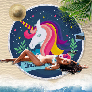 Hand-Painted Cartoon Unicorn Oversized Round Tassel Beach Towel Yoga Mat