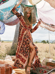 Summer Print Long Sleeve Bohemia Beach Maxi Long Dress
