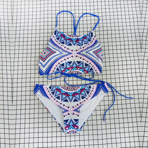 New Sexy Split Swimsuit Blue Print Strappy Bikini