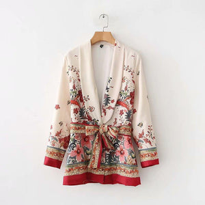 Summer Bohemia Fashion Belt Printing Long Sleeve Casual V-Neck Coat