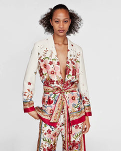 Summer Bohemia Fashion Belt Printing Long Sleeve Casual V-Neck Coat