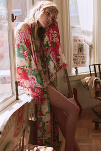 Bohemian Flower Print Kimono Tie Shawl