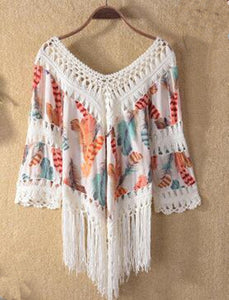 Hot Selling Hand Hook Printed Patchwork Fringe Bikini Beach Top