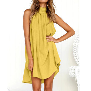 Summer women's popular round neck pleated cotton linen vest dress