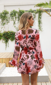 Floral Print V Neck Long Sleeve High Waist Rompers