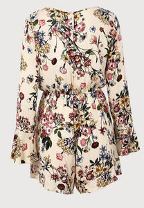 Floral Print V Neck Long Sleeve High Waist Rompers