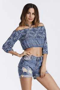 Bohemian Half Sleeve Shoulder-off Women printed strapless blouse