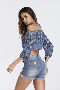 Bohemian Half Sleeve Shoulder-off Women printed strapless blouse