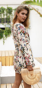 Floral Print V Neck Long Sleeve High Waist Rompers