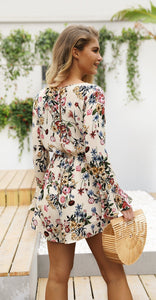 Floral Print V Neck Long Sleeve High Waist Rompers