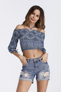 Bohemian Half Sleeve Shoulder-off Women printed strapless blouse