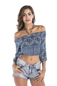 Bohemian Half Sleeve Shoulder-off Women printed strapless blouse