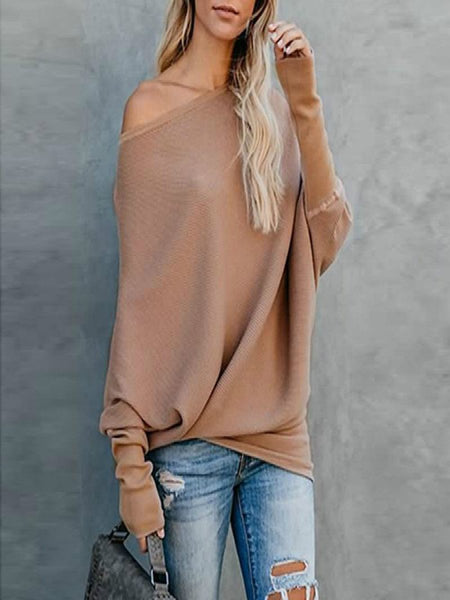 Sweater Female Solid Bat Long Sleeved Round Collar Casual Sweater Female