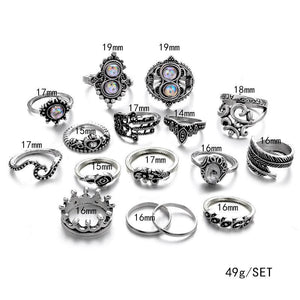 Heart-Shaped Flower Large Gemstone Crown Vintage Carved 16-Piece Set Ring