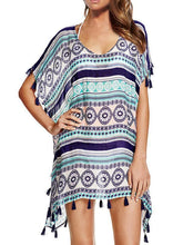 Load image into Gallery viewer, Casual Beach Vacation Tassel Chiffon Short Sleeve V Neck Mask Cover-ups