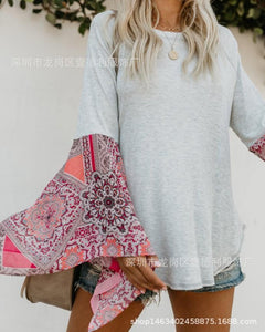 Autumn Solid Color Round Neck Long Sleeve Print Loose Stitching Top