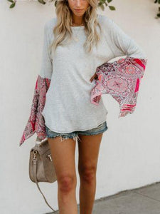 Autumn Solid Color Round Neck Long Sleeve Print Loose Stitching Top