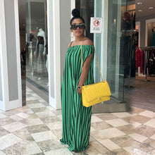 Load image into Gallery viewer, Green Off Shoulder Stripe Wide Leg Pants Jumpsuit