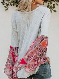 Autumn Solid Color Round Neck Long Sleeve Print Loose Stitching Top