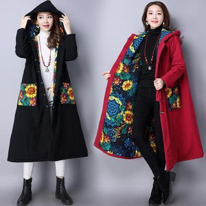 Autumn And Winter National Style Printing  Long Coat