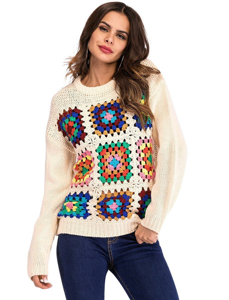 Boho Handmade Square Pattern Knit Stiching Sweater