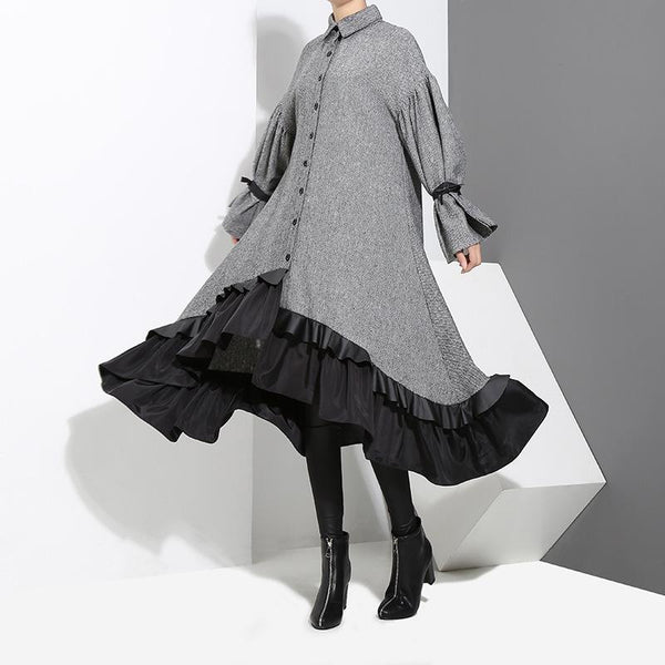 Dress temperament women's long sleeve ruffled shirt dress.