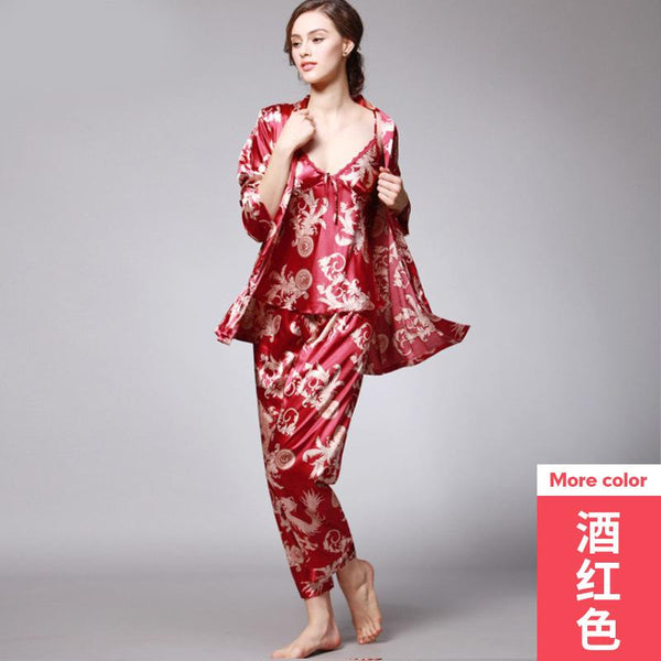 Silk Pajamas Ladies Spring and Summer Dragon Printed Silk Home Dress Three Pack