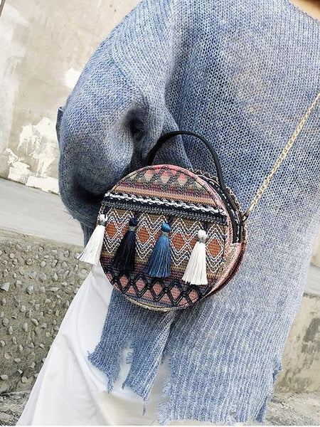 Autumn National Style Contrast Color Tassels One-Shoulder Crossbody Small Round Bag