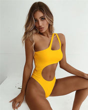 Load image into Gallery viewer, Unibody Swimsuit with Pure Color and Sexy Gathering Irregular Bikini