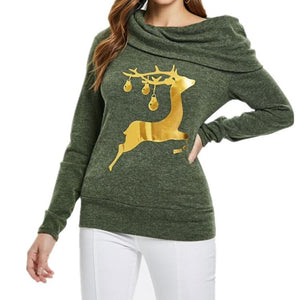 Christmas Deer Printed Heap Collar Long Sleeve Hoodie