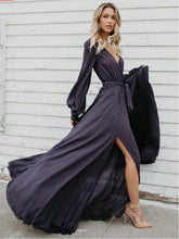 Load image into Gallery viewer, Sexy V Neck Long Sleeve Split Maxi Dress with Belt