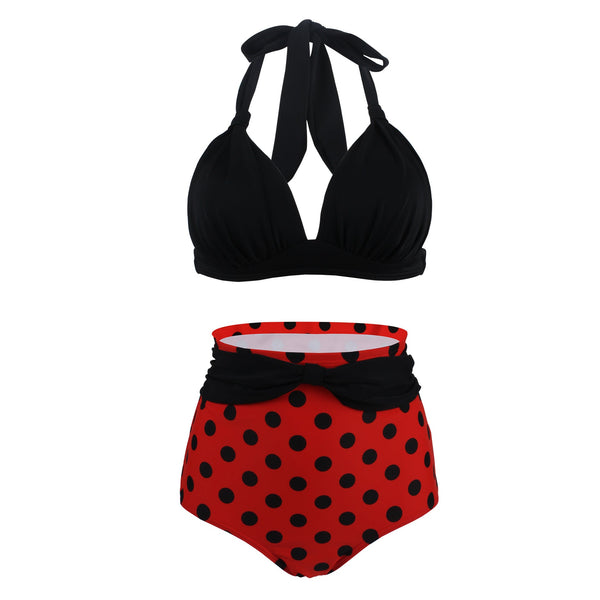 Polka Dot Large Size High Waist Swimsuit Women's Bandage Split Swimsuit Women's Sexy No Steel Rings