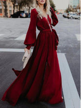 Load image into Gallery viewer, Sexy V Neck Long Sleeve Split Maxi Dress with Belt