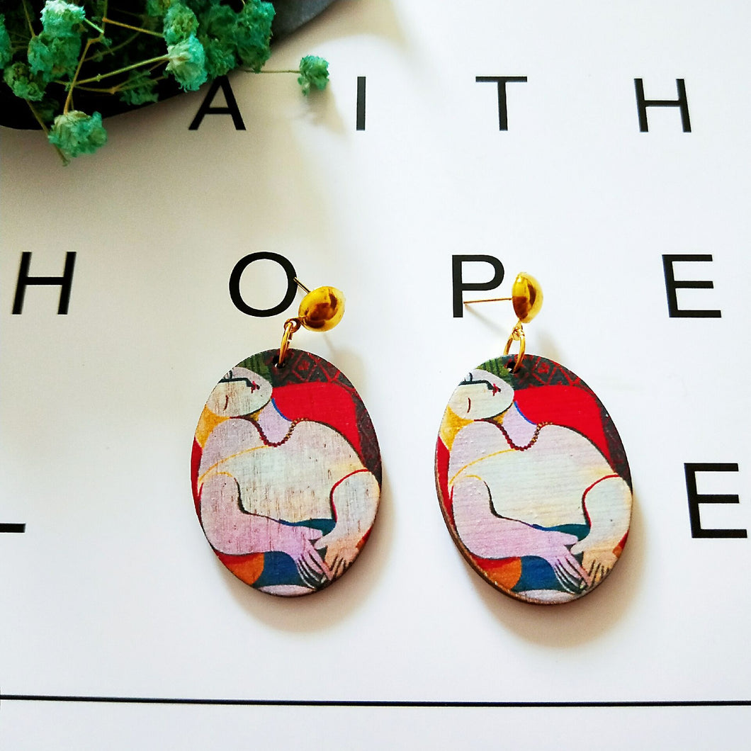 Exaggerated African Head Pattern Geometric Round Wooden Earring Jewelry