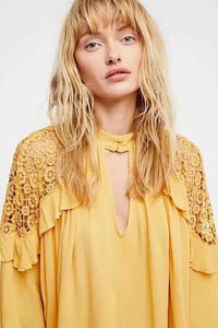 Human Cotton Crepe Lace Bohemian Retro Stitching Openwork Pullover Loose Blouse