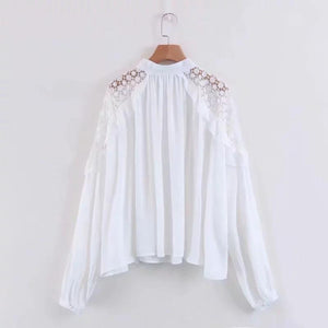 Human Cotton Crepe Lace Bohemian Retro Stitching Openwork Pullover Loose Blouse