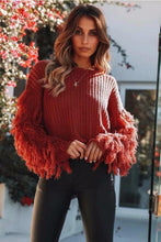 Load image into Gallery viewer, Solid Color Round Neck Long Sleeve Tassel Sweater