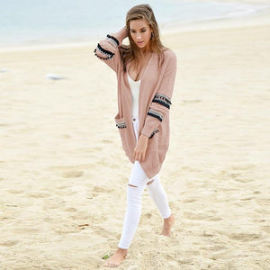 Pocket Stitching Long Sleeve Tassel Cardigan Sweater