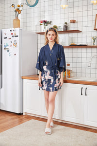 Silk Crane Pajama Girl Summer Mid Sleeve Bride Morning Robe Big Yard Home Robe Bathrobe color56