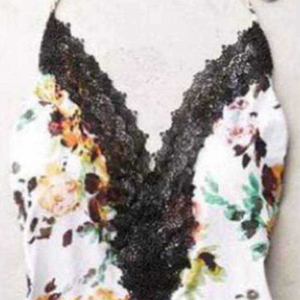 Deep V-Neck Decorative Lace Patchwork Abstract Print Jumpsuits
