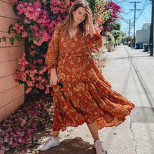 Load image into Gallery viewer, print frill dress women tiers V-neck long sleeve dress autumn  new boho dress