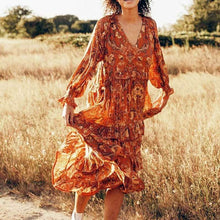 Load image into Gallery viewer, print frill dress women tiers V-neck long sleeve dress autumn  new boho dress