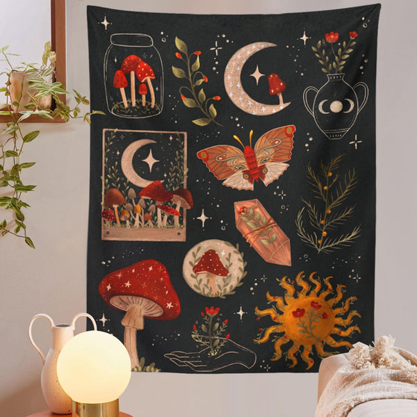 Botanical Cactus Tapestry Wall Hanging Moon Starry Mushroom Chart Hippie Bohemian Tapestries Psychedelic Witchcraft Home Decor