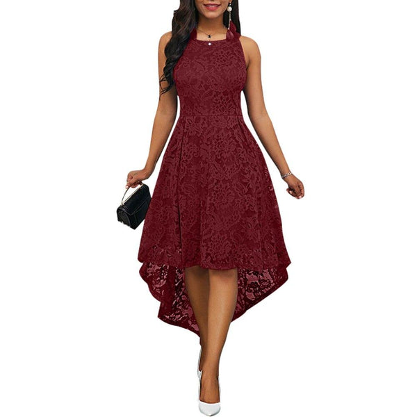 new Party Summer Vintage Plus Size Women Solid Color Lace High Low Sleeveless Dress