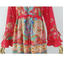 Load image into Gallery viewer, Boho Floral Printed Flare Long Sleeve Drawstring Waist Mini Dress