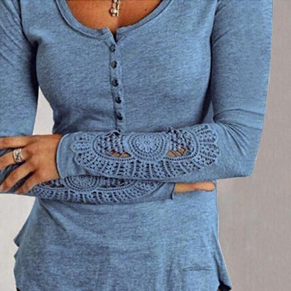 Fashion Women Spring Long Sleeve Button Tshirts Plus Size Sexy V-neck Hollow Out Lace T-Shirt Loose Casual Pullovers Tops