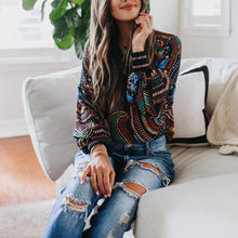 Load image into Gallery viewer, Female T-shirt  Women Casual Printing O-Neck Long Sleeves Pullover T-shirt Tops Autumn lantern Sleeve Streetwear