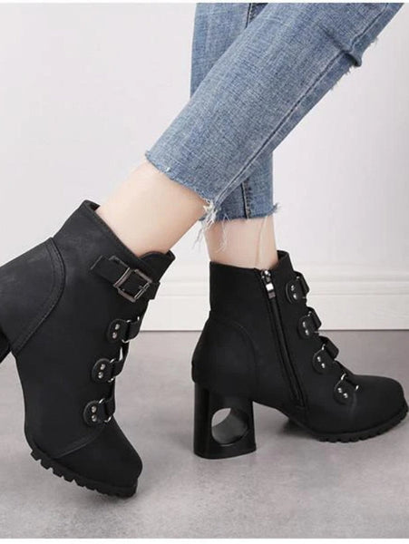 Women  Ankle Pumps PU Leather Toe Boots Solid Autumn Winter  High-heeled Shoes